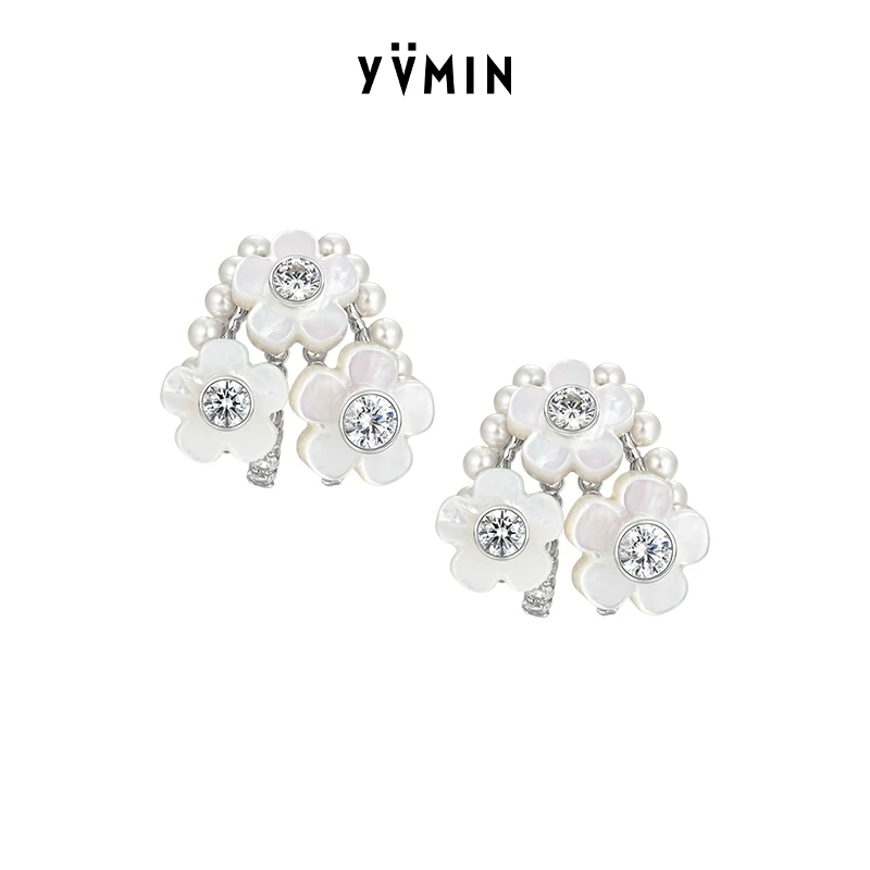 合金仿珍珠耳饰 YVMIN尤目 贝母十字花多层耳环珍珠花朵耳钉设