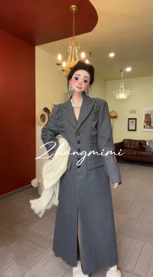 MIMI-法式褶皱垫肩长款毛呢外套女高级感女气质呢子大衣