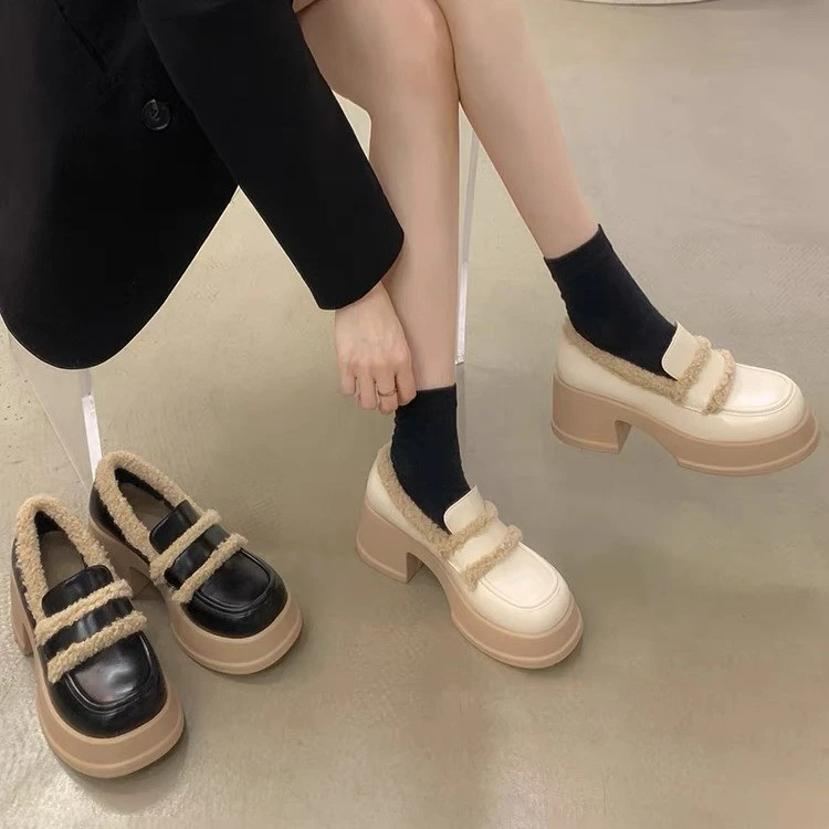 加绒复古英伦风黑色增高厚底小皮鞋女2023新款秋冬百搭粗跟乐福鞋