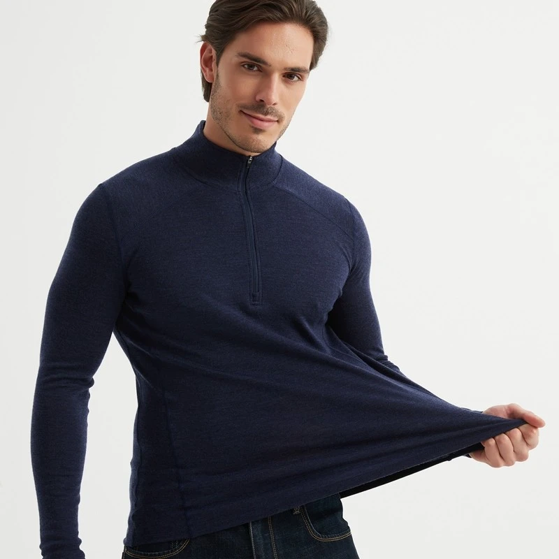 户外运动男士美丽诺羊毛徒步露营加厚保暖恒温速干透气半拉链长袖