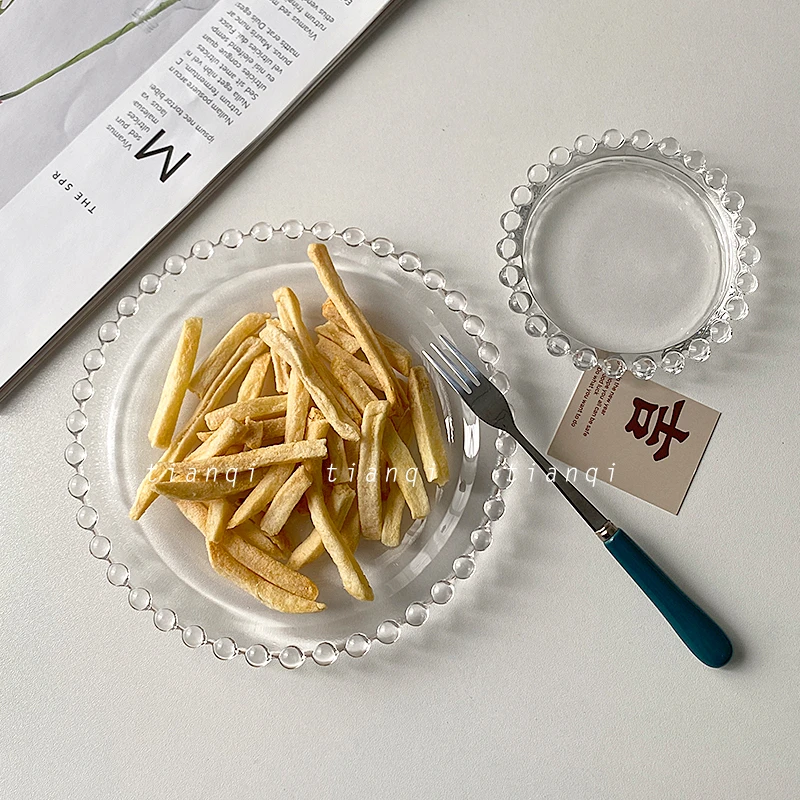 韵器ins珠边玻璃碟子油碟调味碟摆件烛台首饰碟美甲调色碟玻璃盘