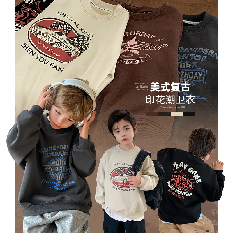 【印花潮卫衣】男童加绒卫衣摇粒绒冬款套头上衣圆领复古打底5232
