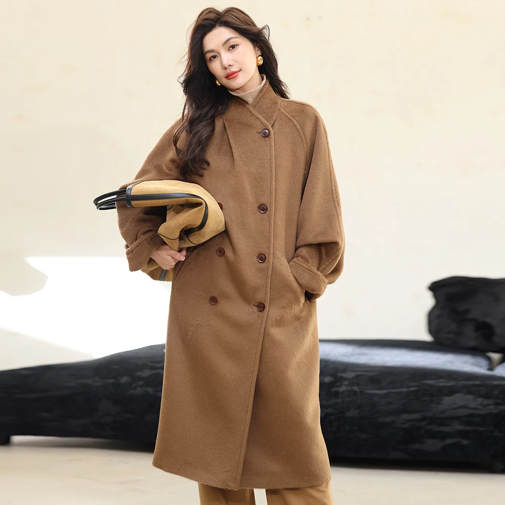 秋冬时尚高端双排扣苏力绒大衣女中长款立领毛呢外套