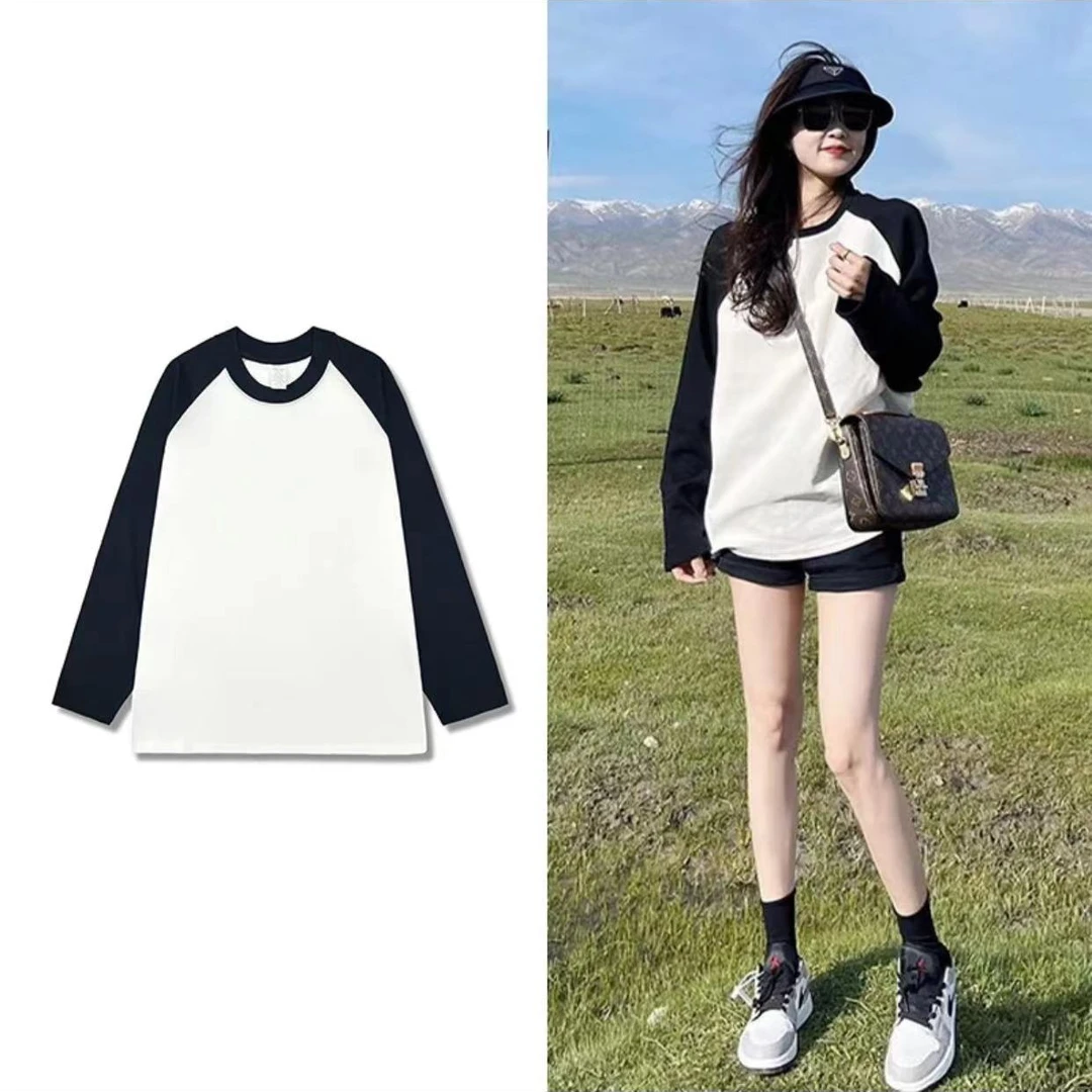 2024新款秋冬纯棉220克插肩袖圆领长袖T桖打底衫