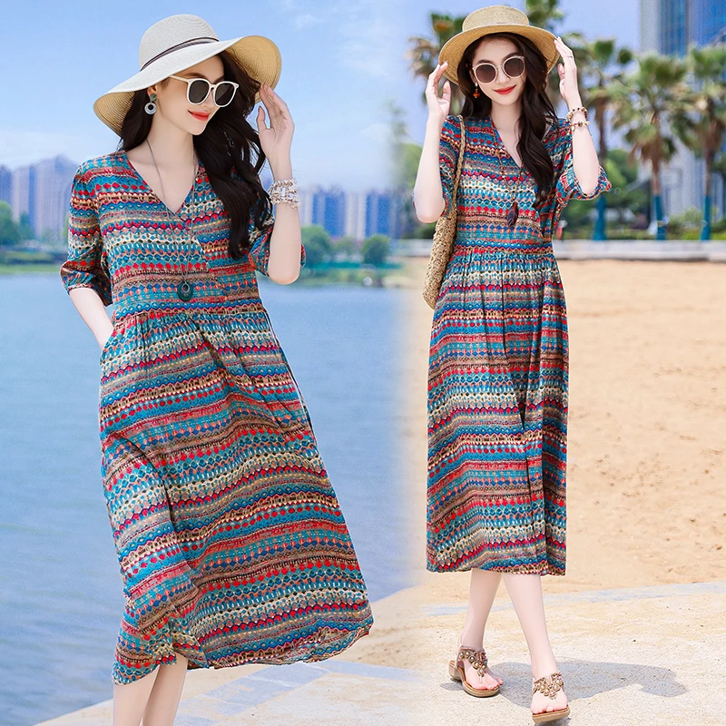 新款短袖连衣裙法式宽松显瘦长裙海边度假裙子ins2024大码碎花裙