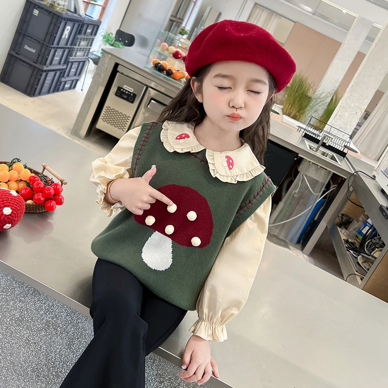 女童韩系娃娃领衬衫蘑菇马甲套新款洋气时尚女宝宝针织背心两件套