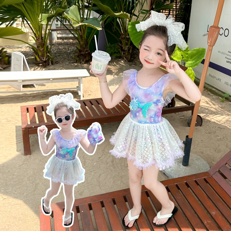 女童连体美人鱼泳衣夏季新款洋气儿童公主裙游泳衣甜美纱裙送泳帽