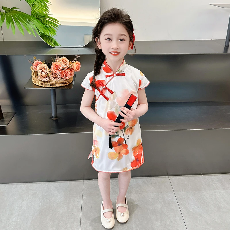 女童洋气时尚旗袍裙夏季新款小女孩新中式古风甜美盘扣汉服连衣裙