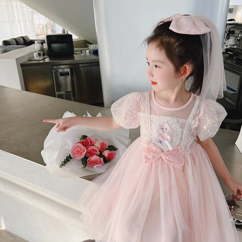 女童送头纱时尚纱裙2024新款夏季时髦蕾丝泡泡袖洋气公主连衣裙