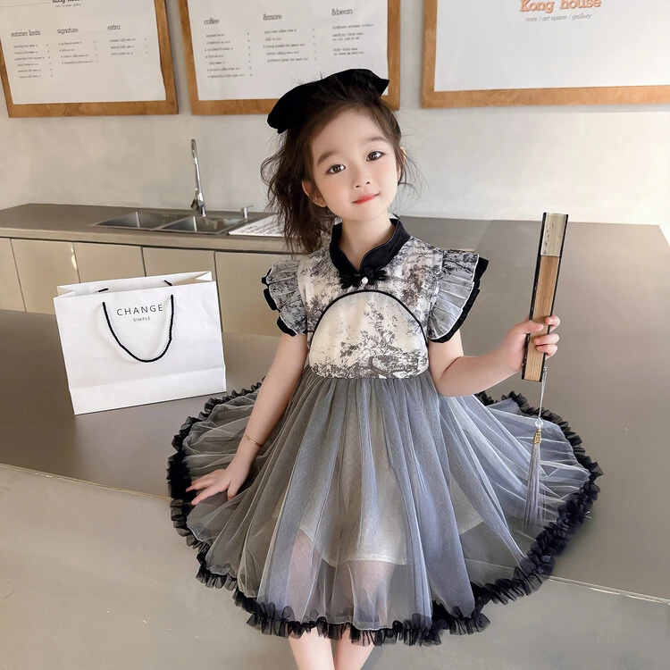 女童夏季新款水墨画纱裙新中式女宝宝时尚洋气公主裙复古连衣裙