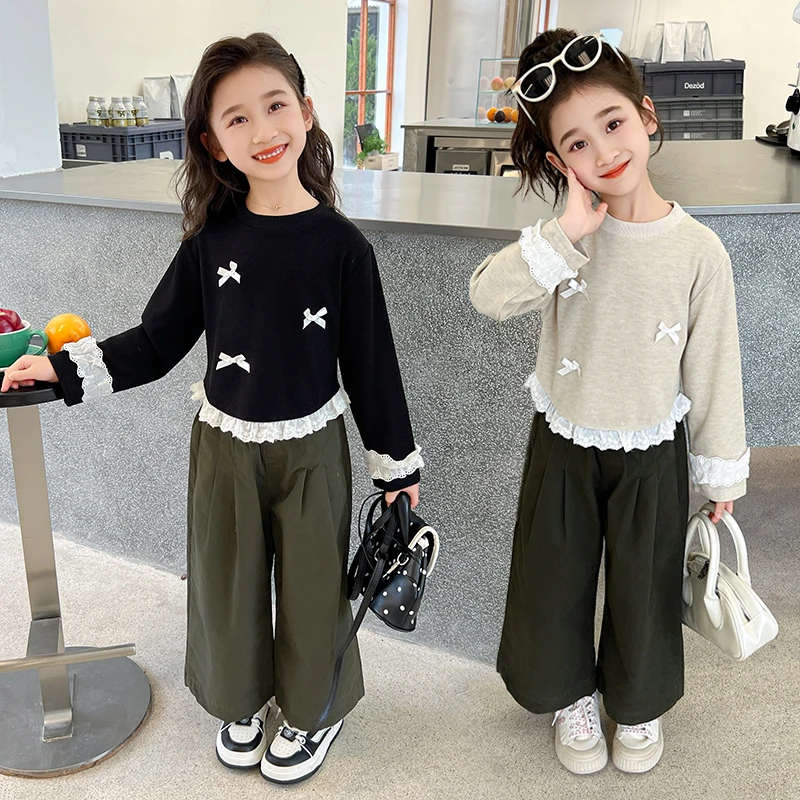 女童蝴蝶结卫衣阔腿裤套装秋季新款洋气时尚花边网红款休闲两件套