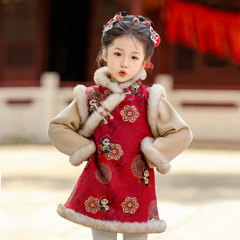 女童国风旗袍拜年服棉裙冬季新款洋气新中式汉服女宝宝唐装礼服裙
