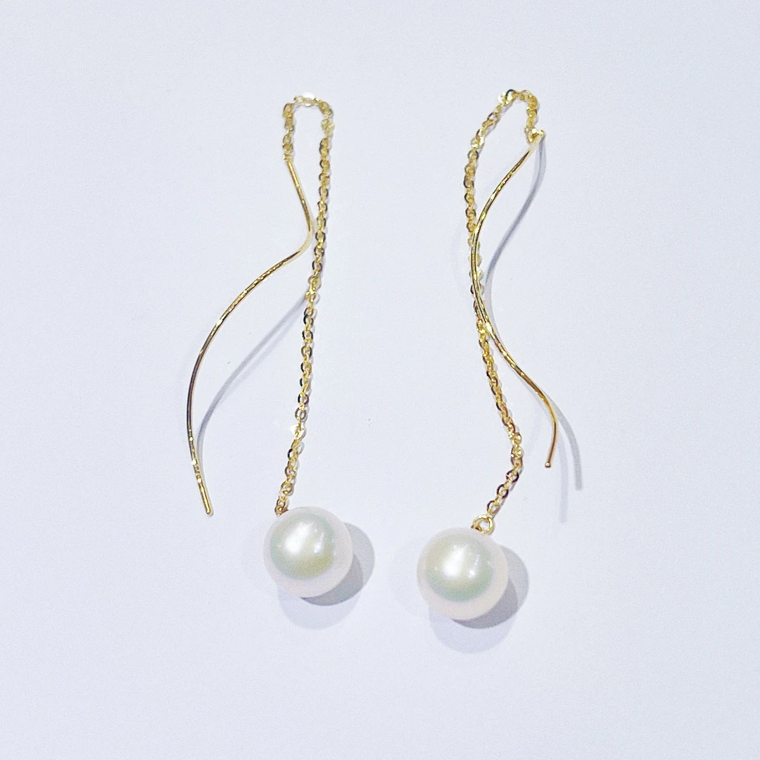 尚晶品珠宝18K金波浪形淡水珍珠耳线K黄色时尚个性耳饰彩金AU750