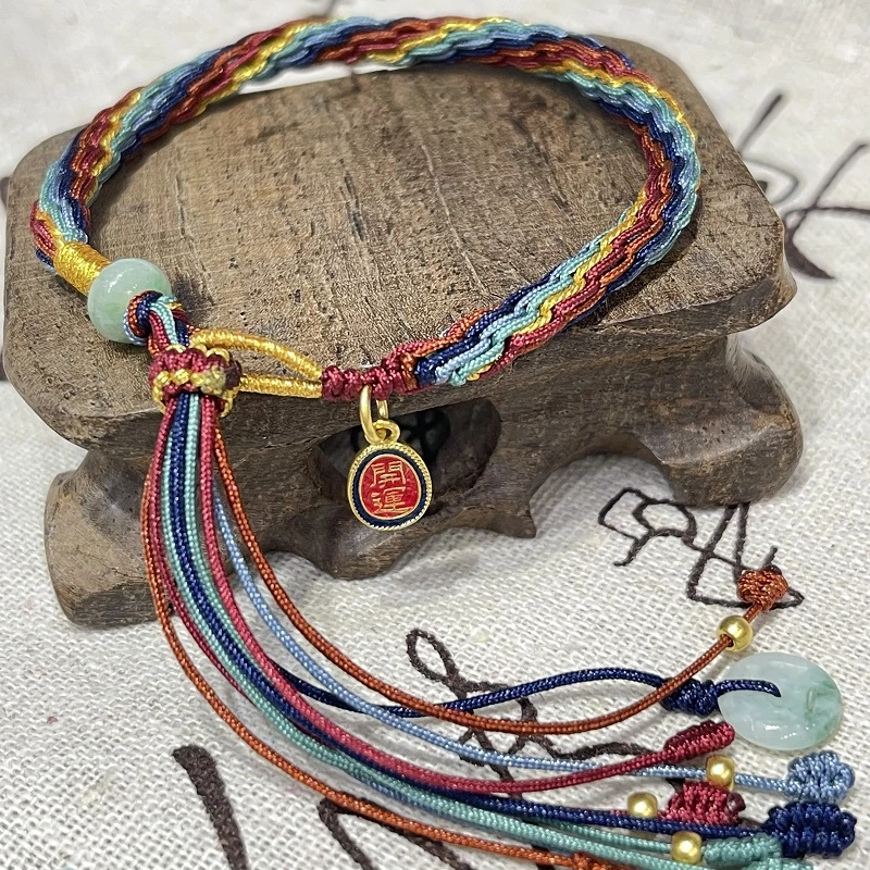 尚晶品珠宝足金999珐琅彩开运吊牌手绳翡翠手工彩色编绳轮回主题