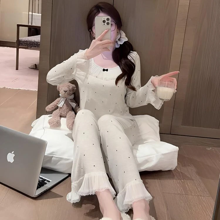 网红睡衣女春秋季带胸垫薄款长袖高级感波点甜美少女家居服可外穿