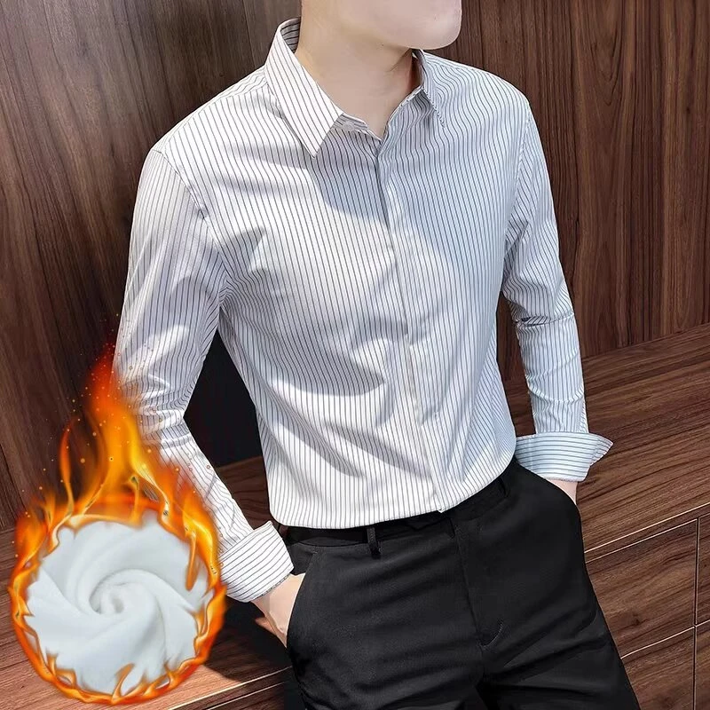 加绒条纹衬衫男士长袖商务男装2025新款衣服秋冬款高级感内搭衬衣