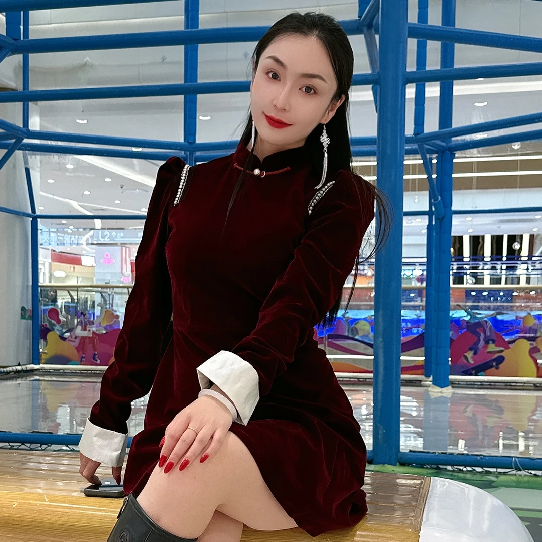 连衣裙 民族风连衣裙  蒙古元素显瘦气质长袖网红修身