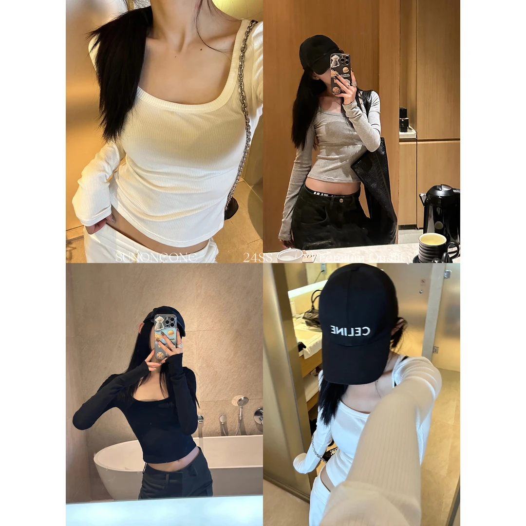 SUNONEONE 大U领长袖打底衫女春秋款白色可外穿洋气T恤常规H0203C