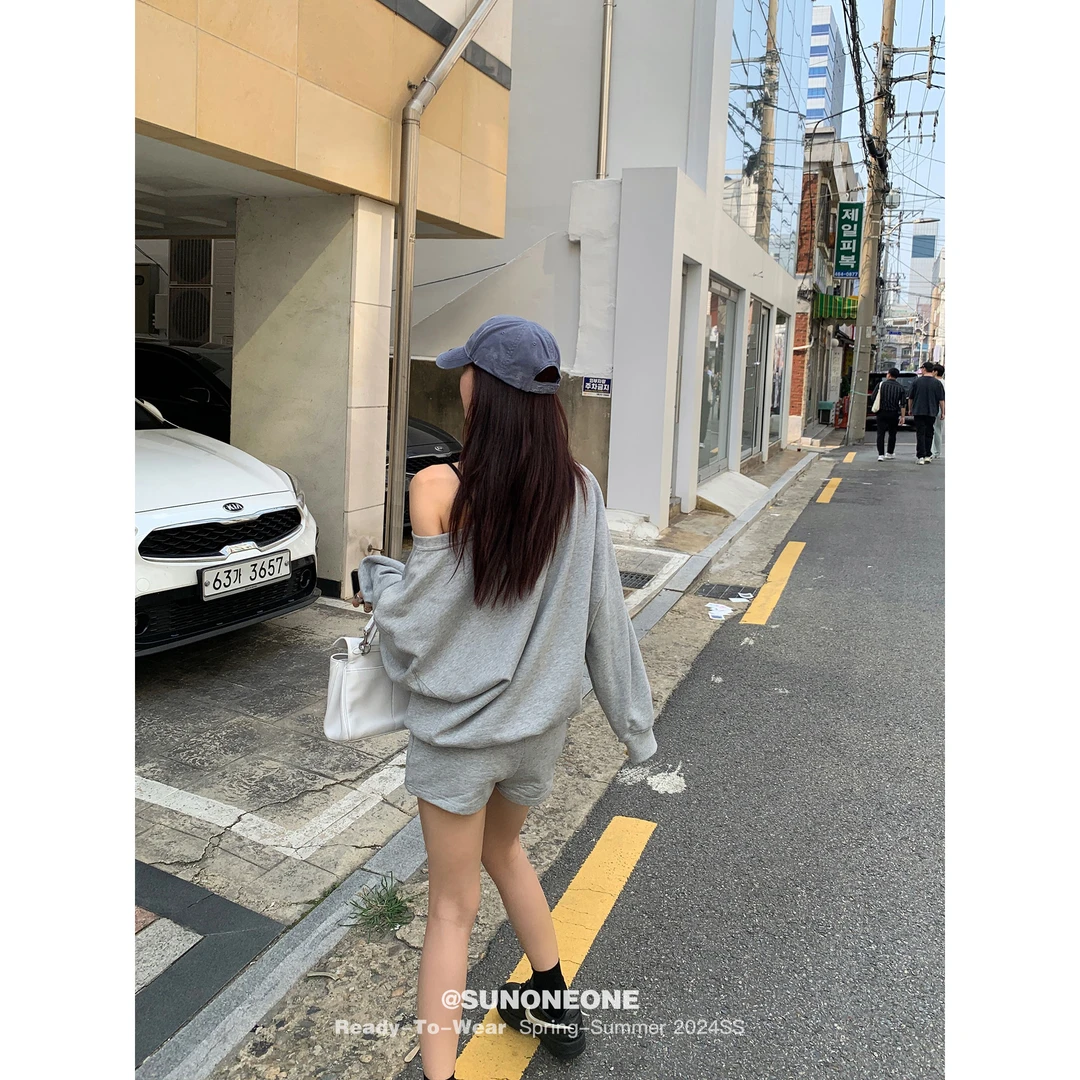 SUNONEONE 休闲套装女夏斜肩长袖上衣半身裙喇叭裤三件套H0438A