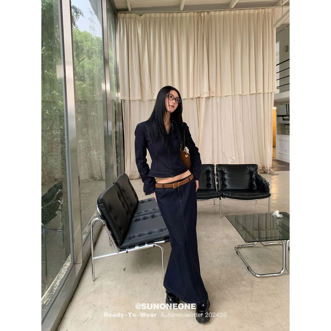 SUNONEONE 仿牛仔套装气质牛仔半裙女秋季开叉包臀显瘦裙子D0030A