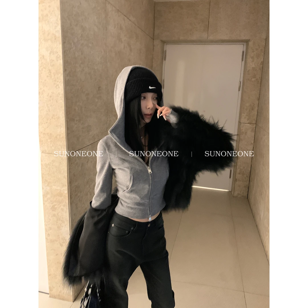 SUNONEONE 短款运动卫衣外套女春季连帽针织开衫长袖上衣H0032C