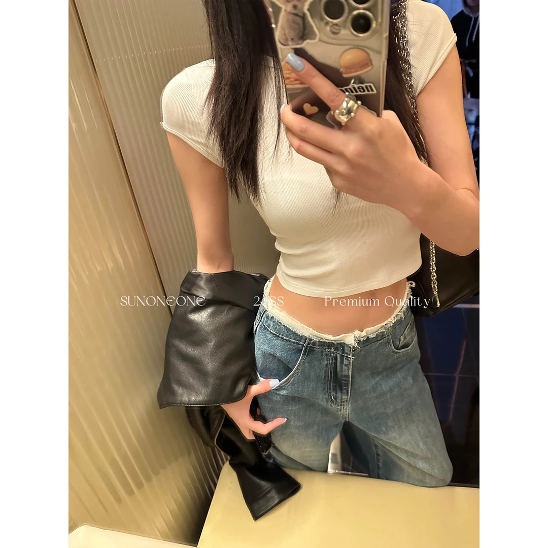 SUNONEONE 圆领小飞袖时髦短款T恤春季辣妹显瘦内搭上衣H0153T