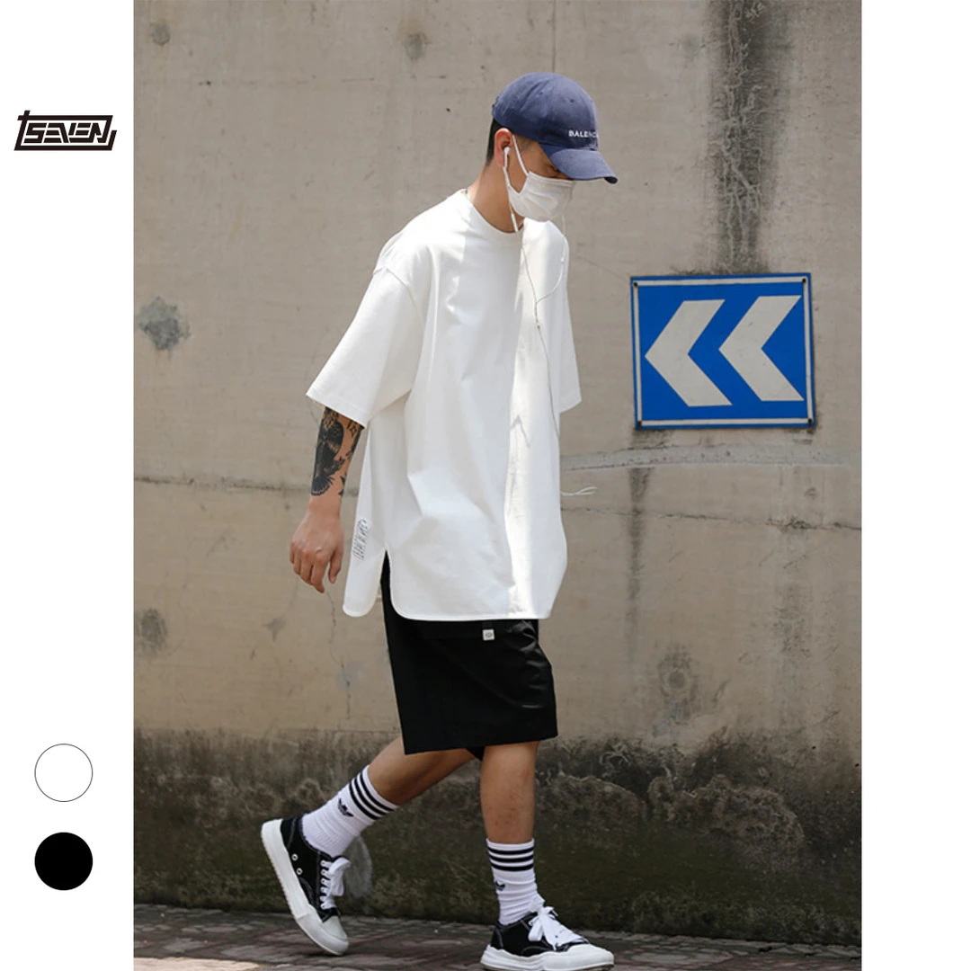 日系cityboy白色圆领短袖下摆开叉宽松纯棉t恤260克重磅休闲打底