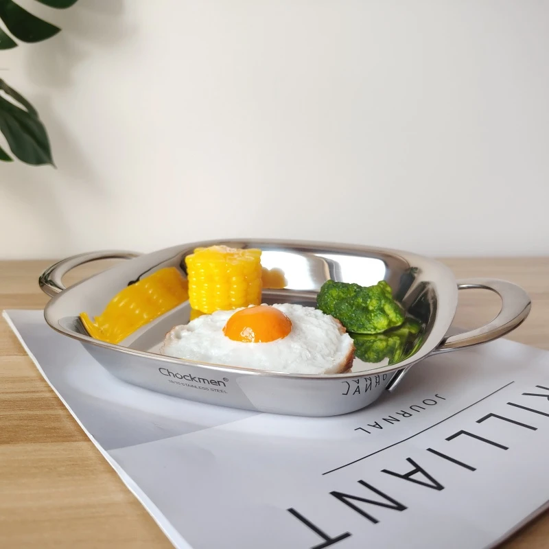 精致Chockmen 18-10不锈钢方盘子加厚双耳早餐盘水果干果盘甜点盘