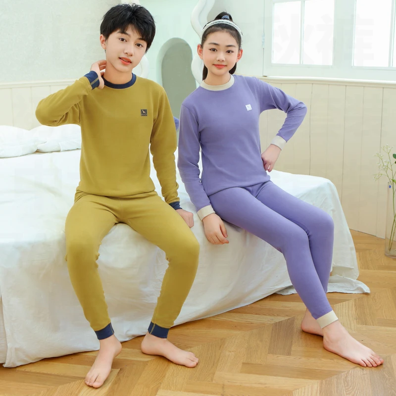 新款青少年保暖内衣男女儿童抗菌磨毛中大童羊毛蚕丝秋衣秋裤套装