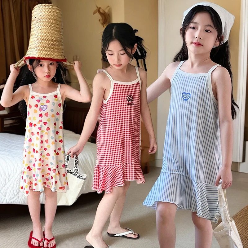 女童小香风背心吊带裙夏装新款儿童印花连衣裙女孩荷叶边公主裙子