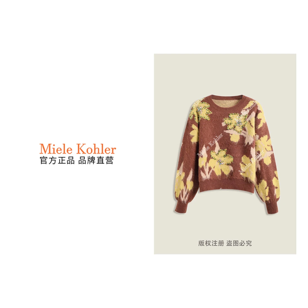 冬季设计感重工镶钻花朵装饰女士针织毛衣MKKQ3611