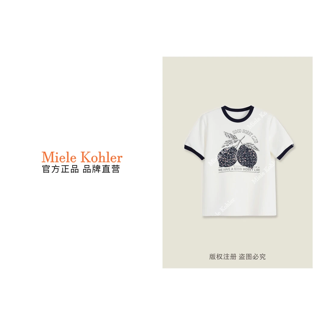 新款春季时尚烫钻樱桃印花休闲短袖女T恤MKKQ88466【澳门小源同款】