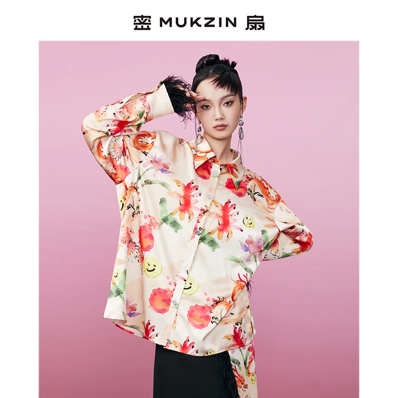 mukzin/密扇游龙戏凤长袖宽松薄款印花衬衣衬衫M234A03006999