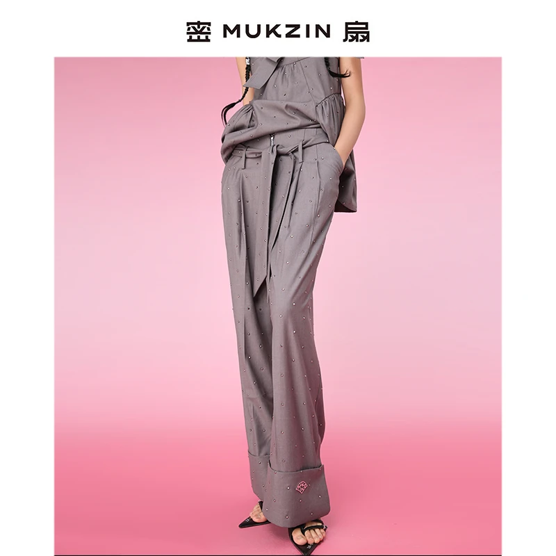 mukzin/密扇新武旦灰色直筒设计感烫钻休闲长裤M232C22002201