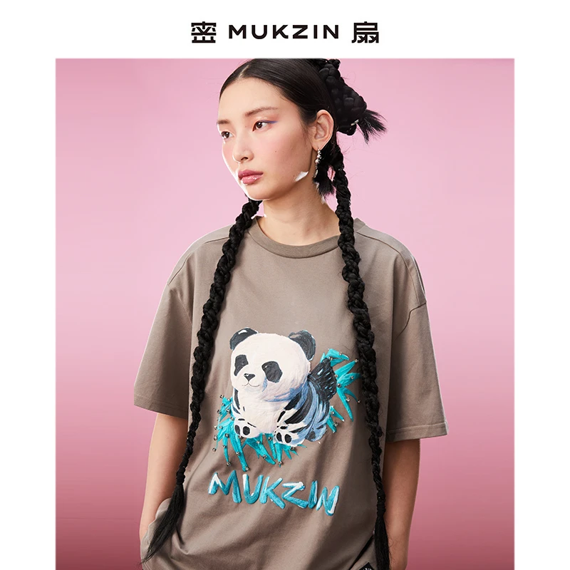密扇手绘熊猫钉钻短袖T恤灰色黑色M232A02011201