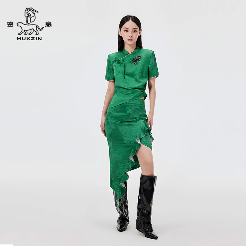 密扇夏狸尨梦华录「波鸾」新中式绿色提花上下装M24BA04004601