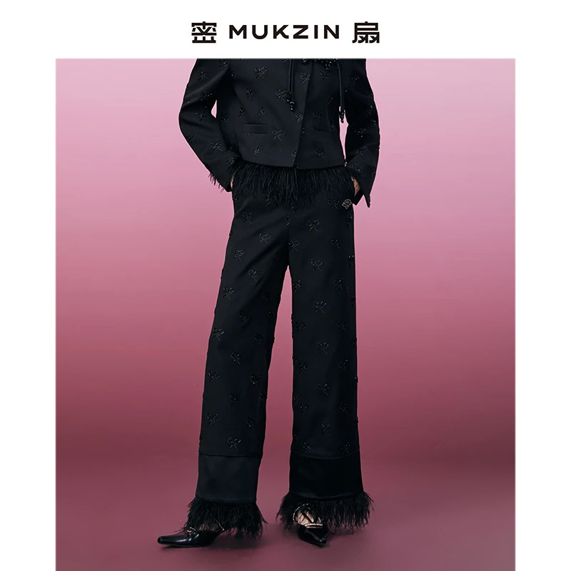 mukzin/密扇游龙戏凤特殊网球拍直筒高腰黑色长裤M234C21013001