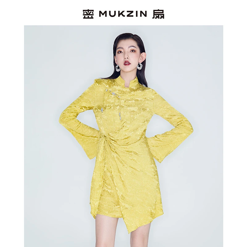 mukzin/密扇玲珑「金禧」新中式提花喇叭袖收腰旗袍裙M24CD34011