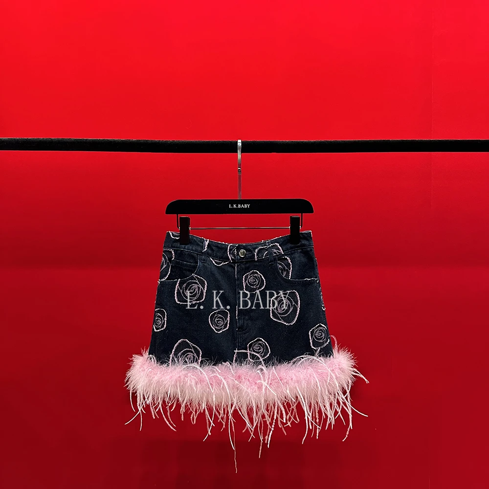 【L.K.BABY】薄雾玫瑰S  时髦复古印花玫瑰辣妹羽毛牛仔半裙