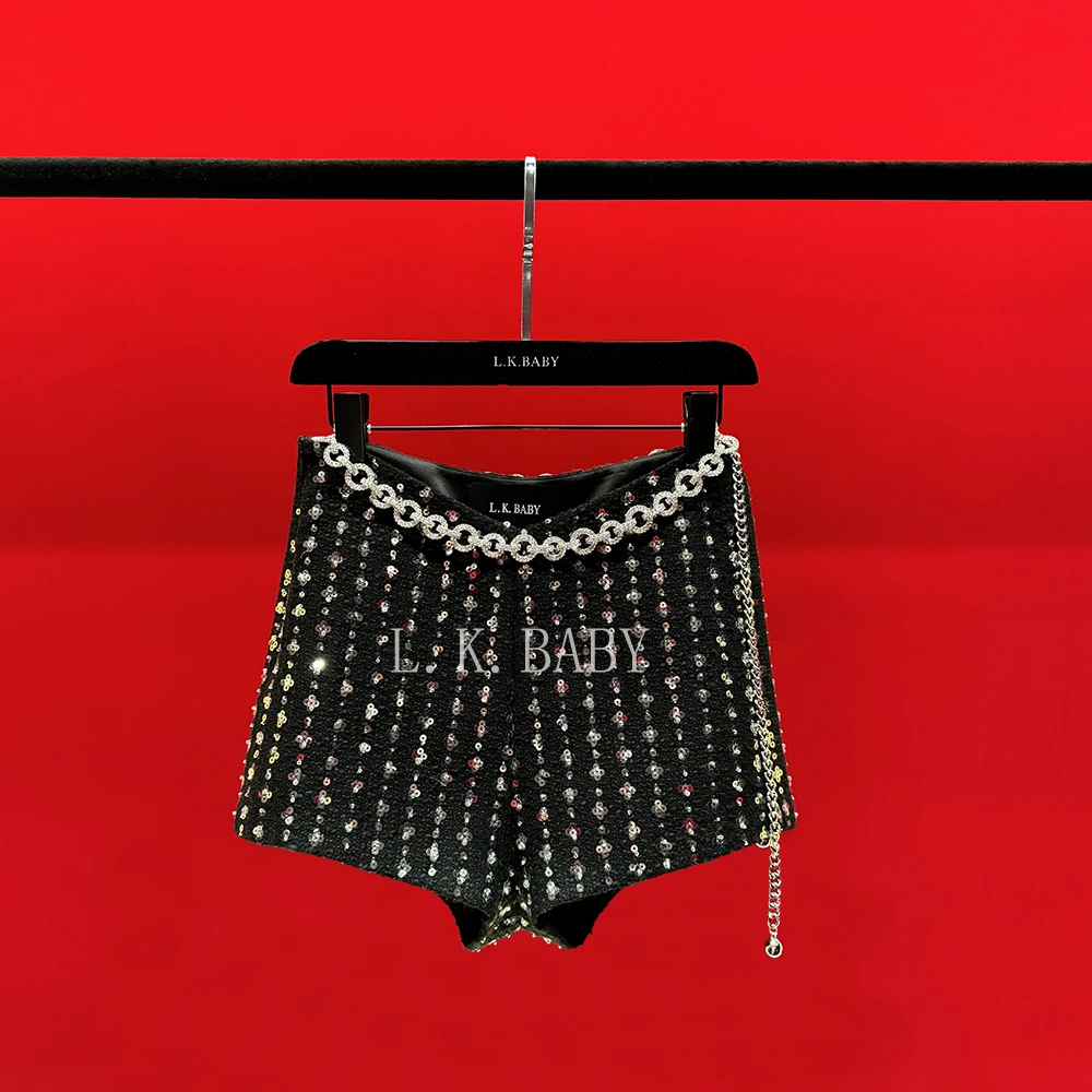 【L.K.BABY】万人迷 时髦高定轻奢珠光亮片高腰短裤