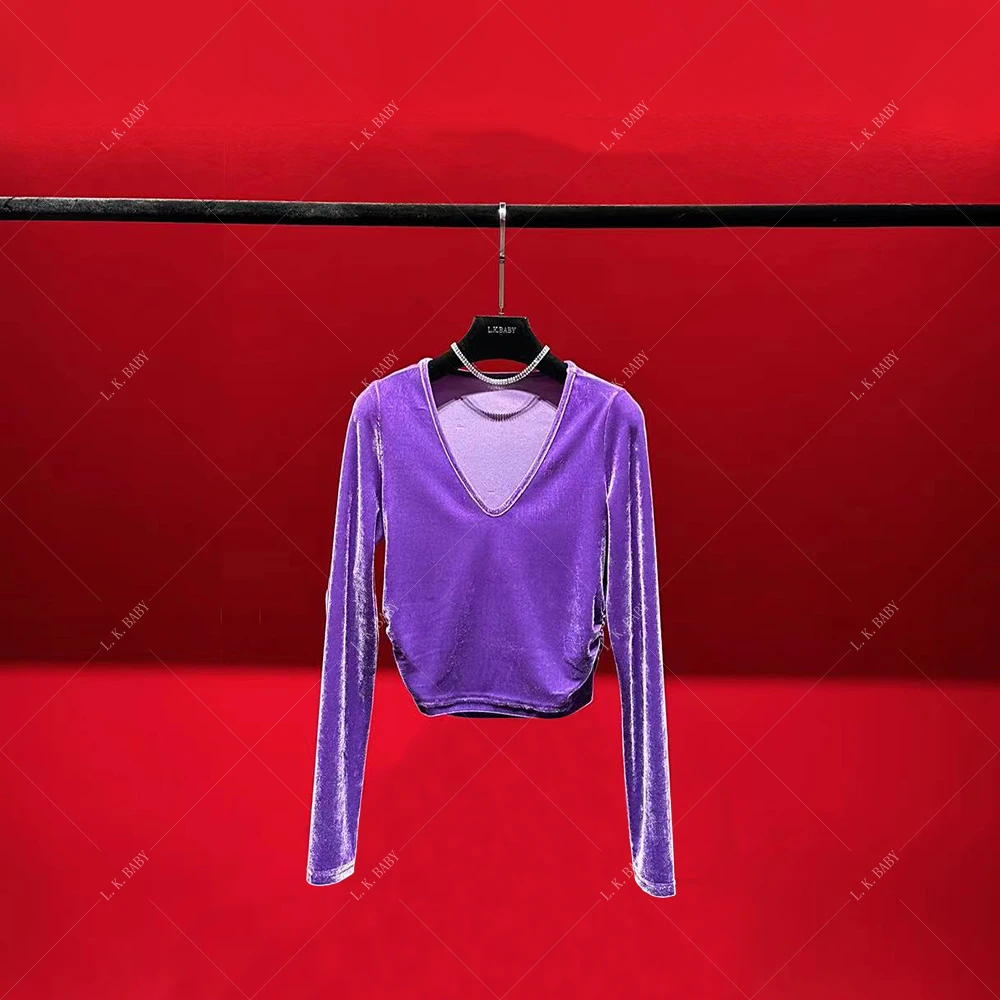 【L.K.BABY】艳压群芳 fashion设计感V领褶皱气质丝绒T恤蕾丝时尚