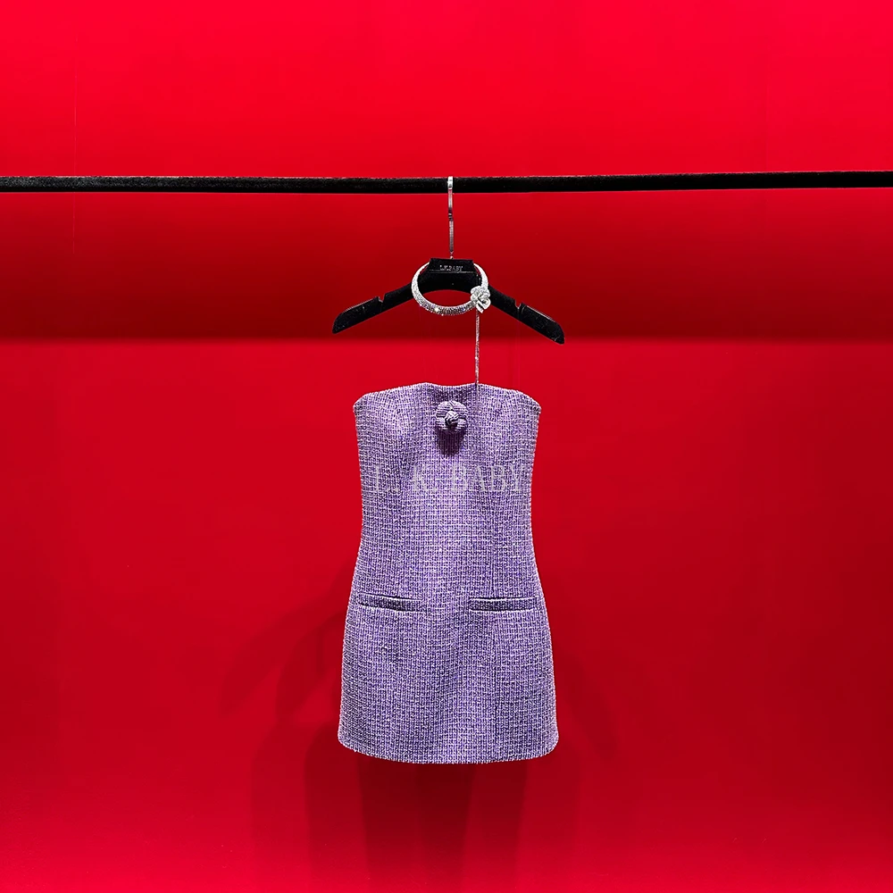 【L.K.BABY】高定气质彩色亮片细闪山茶花抹胸连衣裙