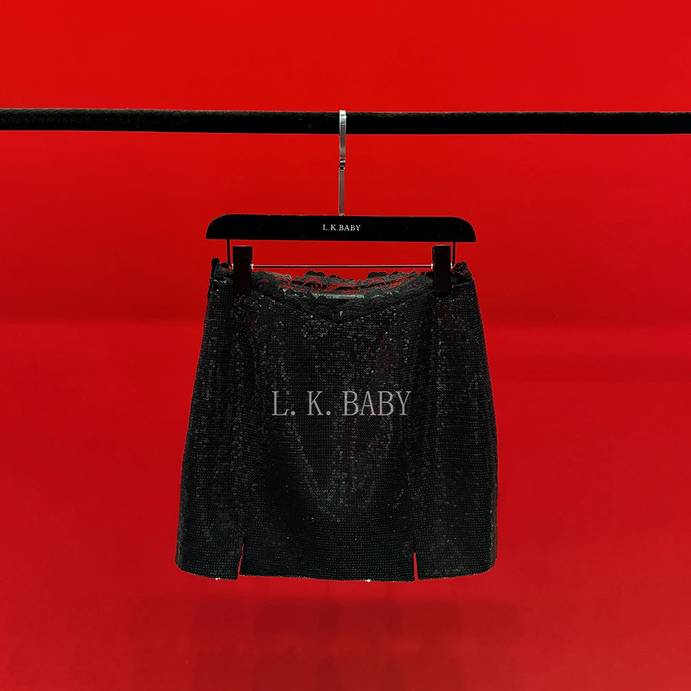 【L.K.BABY】万众瞩目 时髦都市感珠光亮片蕾丝花边百搭半身裙