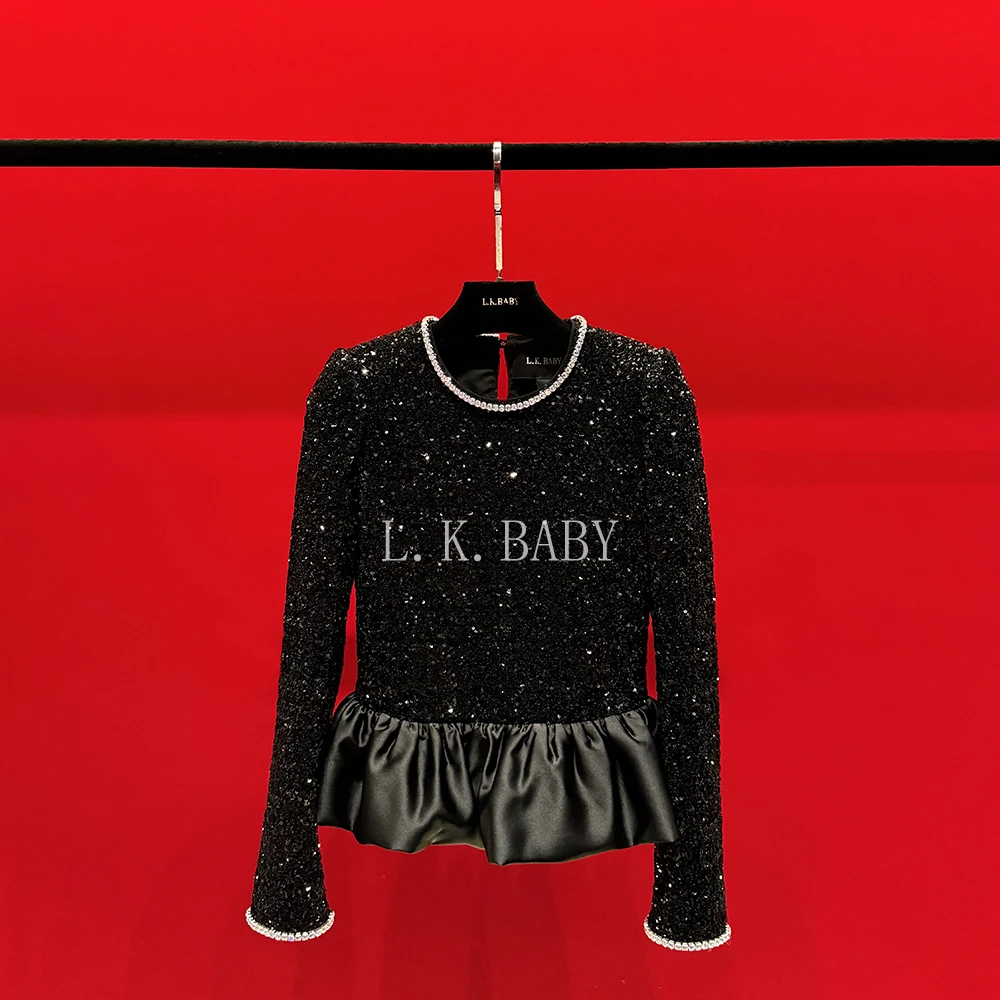 【L.K.BABY】可可佳人 法式名媛珠光亮片芭蕾花边镶钻上衣