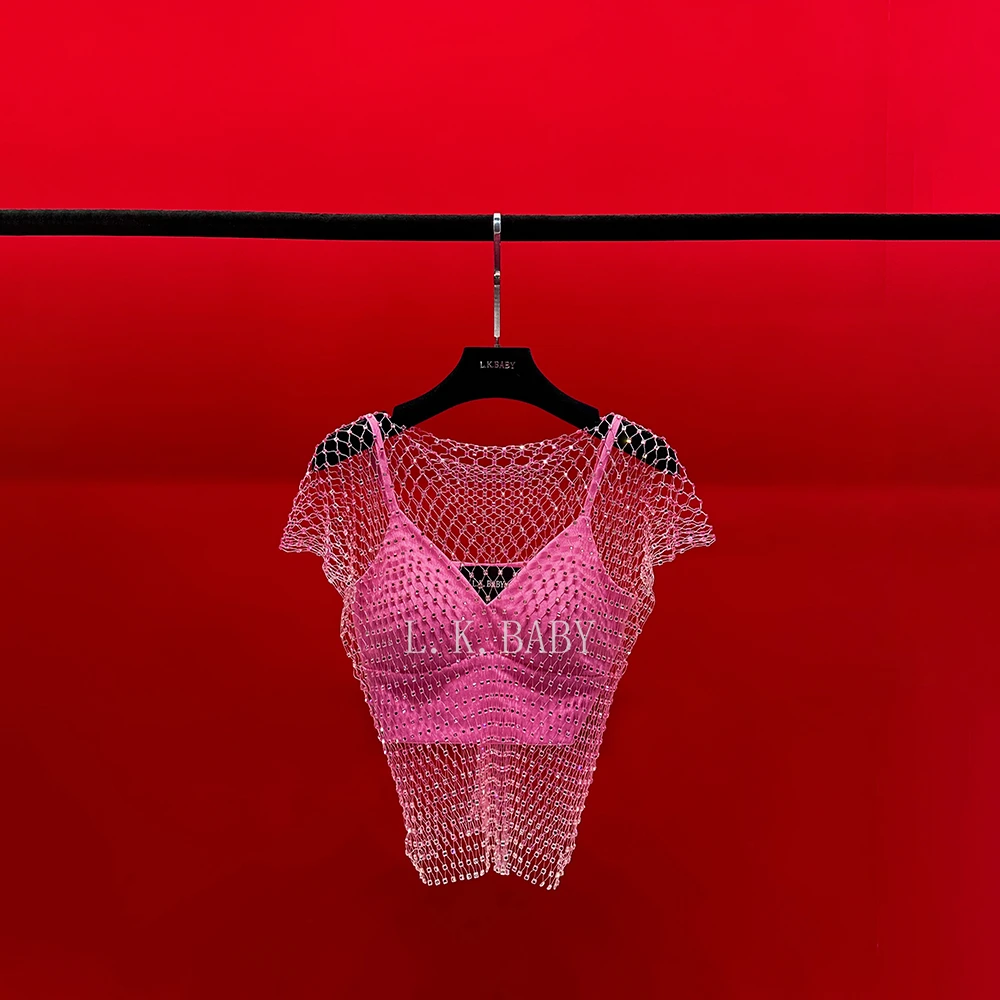 【L.K.BABY】粉色情人    重工纯欲闪钻性感罩衫镂空背心