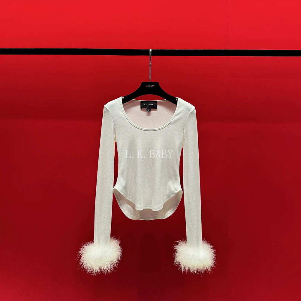 【L.K.BABY】甜言蜜语 法式纯欲时髦羽毛U领长袖T恤