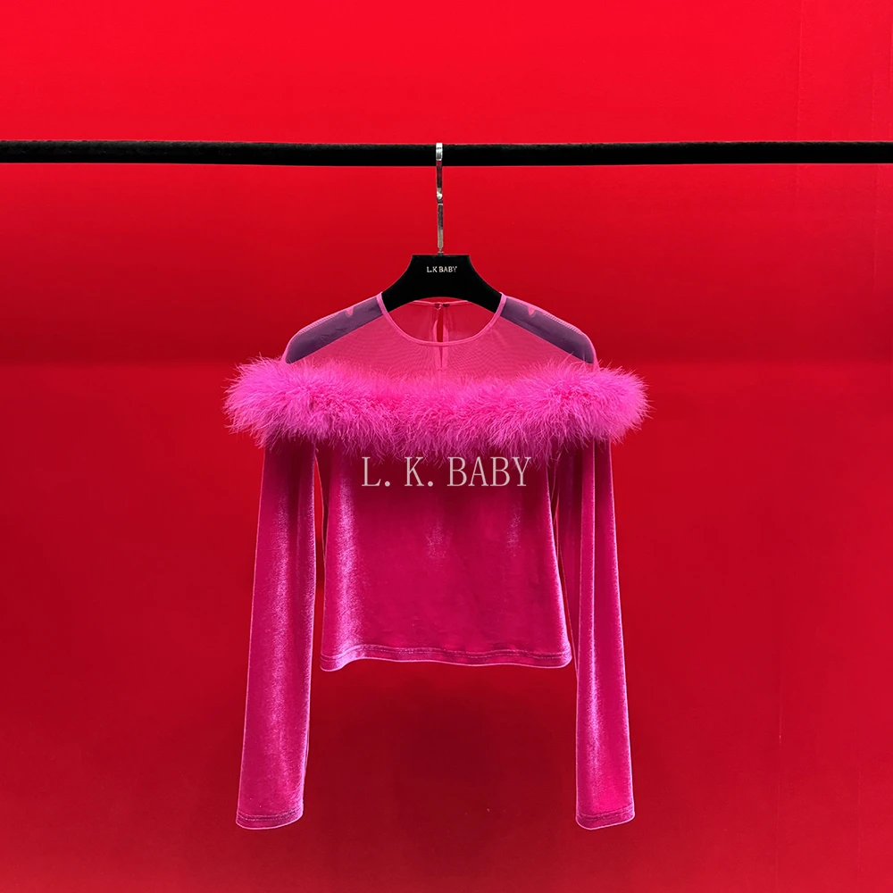 【L.K.BABY】瑰丽美人 fashion设计感蕾丝拼接毛毛气质丝绒长袖T恤