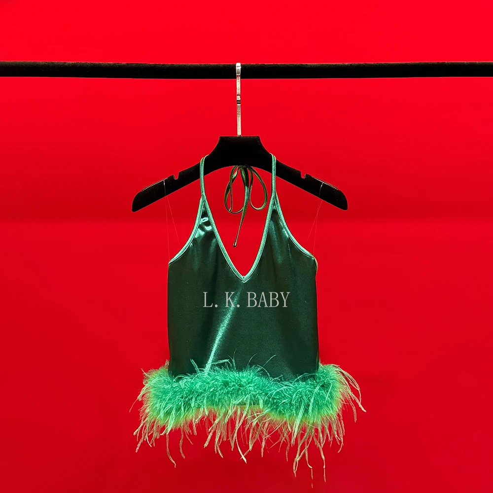 【L.K.BABY】辣妹喜欢   新中式国风珍珠金丝绒羽毛挂脖吊带背心