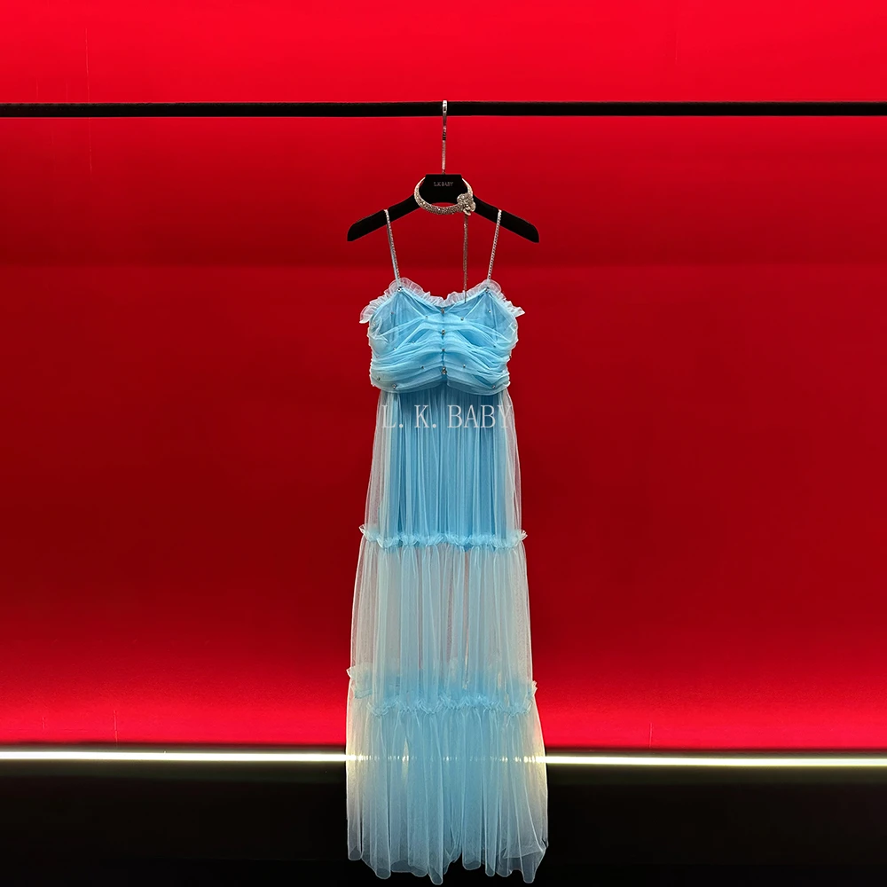 【L.K.BABY】楚楚动人  法式纯欲梦幻压褶纱纱蕾丝吊带连衣裙