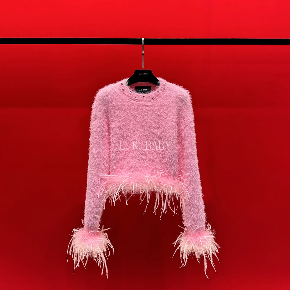 【L.K.BABY】魅力诱惑 重工钉钻羽毛时尚套头长袖冬季毛衣